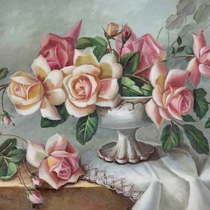 Flower Bouquet, Flowers in Vase Still Life 12&quot;x 16&quot; Oil Painting on Canvas 100% Hand Painted  *Unstretched*