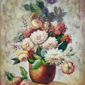Flower Bouquet, Flowers in Vase Still Life 24&quot; x 36&quot; Oil Painting on Canvas 100% Hand Painted  *Unstretched*