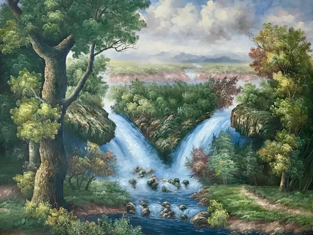 Twin Waterfall Landscape 36" X 48" Oil Painting on Canvas 100% Hand ...
