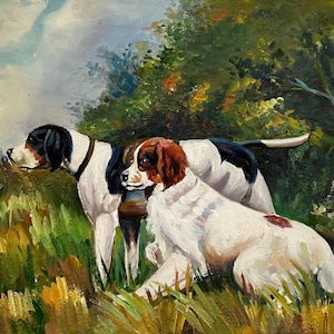 May include: Oil painting of two dogs in a field. One dog is black and white, the other is white and brown. The dogs are in a grassy area with trees and a cloudy sky in the background. The painting is signed "Manson".