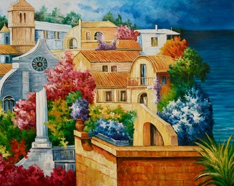 Tuscany, Italy, Mediterranean Landscape 24" x 36" Oil Painting on Canvas 100% Hand Painted  *Unstretched*