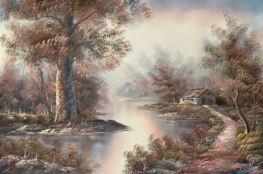 Cabin by the River, Forest Landscape 24" X 36" Oil Painting on Canvas ...