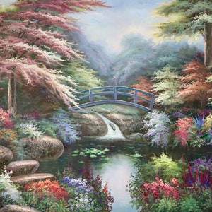 Garden, Bridge, Pond, Natural Landscape 36&quot; x 48&quot; Oil Painting on Canvas 100% Hand Painted  *Unstretched*