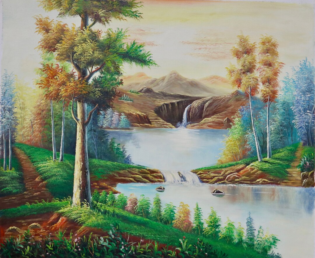 Waterfall Landscape, Fall Foliage 20" X 24" Oil Painting on Canvas 100% ...