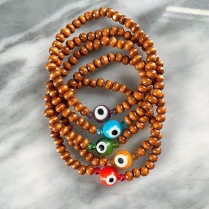 Evil Eye Wooden Beaded Elastic Stretch Bracelet | Mal de Ojo Bracelet | Stackable Beaded Bracelet |