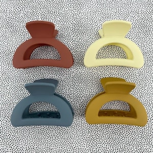 以下が含まれることがあります： 茶色、青、黄色、マスタードイエローの4色のヘアクリップ。クリップはプラスチック製で、上部に小さな突起のある半円形をしています。