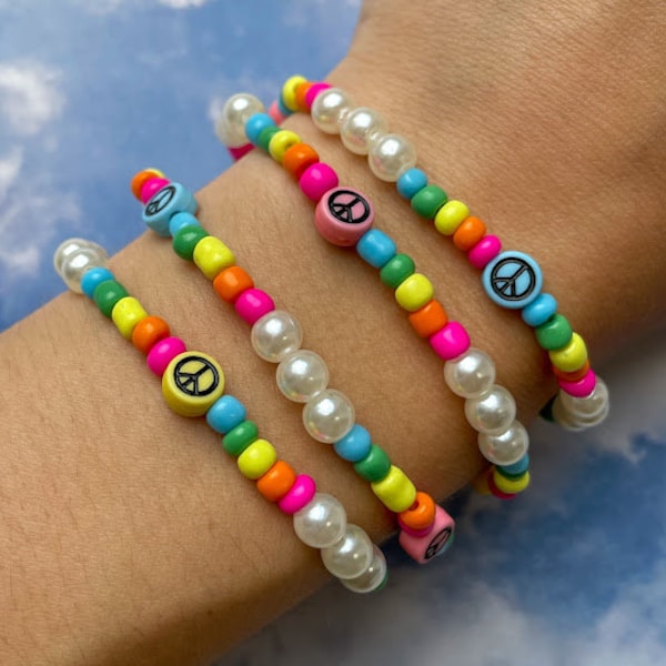 Multicolored Beaded Peace Rainbow Faux Pearl Elastic Stretch Bracelet | Neon | Summer | Trendy Bracelet | Gift Idea