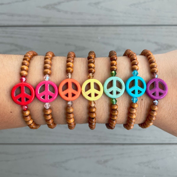 Peace Sign Wooden Beaded Elastic Stretch Bracelet | Peace Out | World Peace | Hippie | Bohemian Boho Jewelry