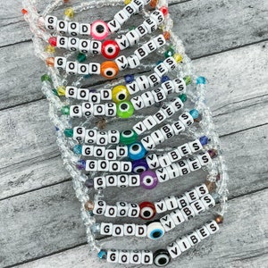Good Vibes Evil Eye Beaded Elastic Stretch Word Bracelet | Mal de Ojo | Evil Eye | Protection | Gift for Her | Gift Idea