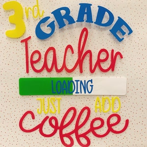 May include: A red, yellow, and blue sign that says "3rd GRADE teacher LOADING JUST ADD coffee". The sign is on a white background with red dots.