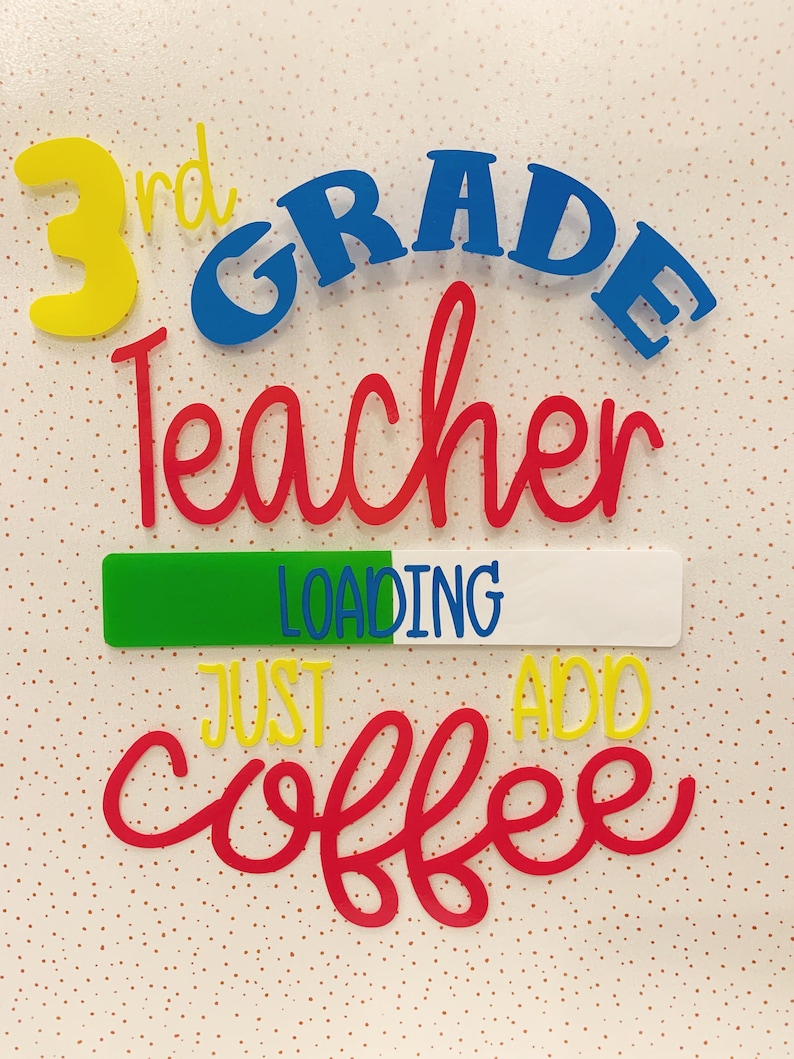 May include: A red, yellow, and blue sign that says "3rd GRADE teacher LOADING JUST ADD coffee". The sign is on a white background with red dots.