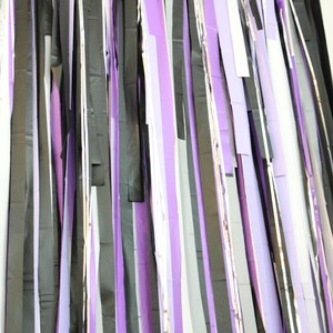 May include: A backdrop of purple, black, and silver streamers hanging vertically. The streamers are made of tissue paper and are arranged in a random pattern.