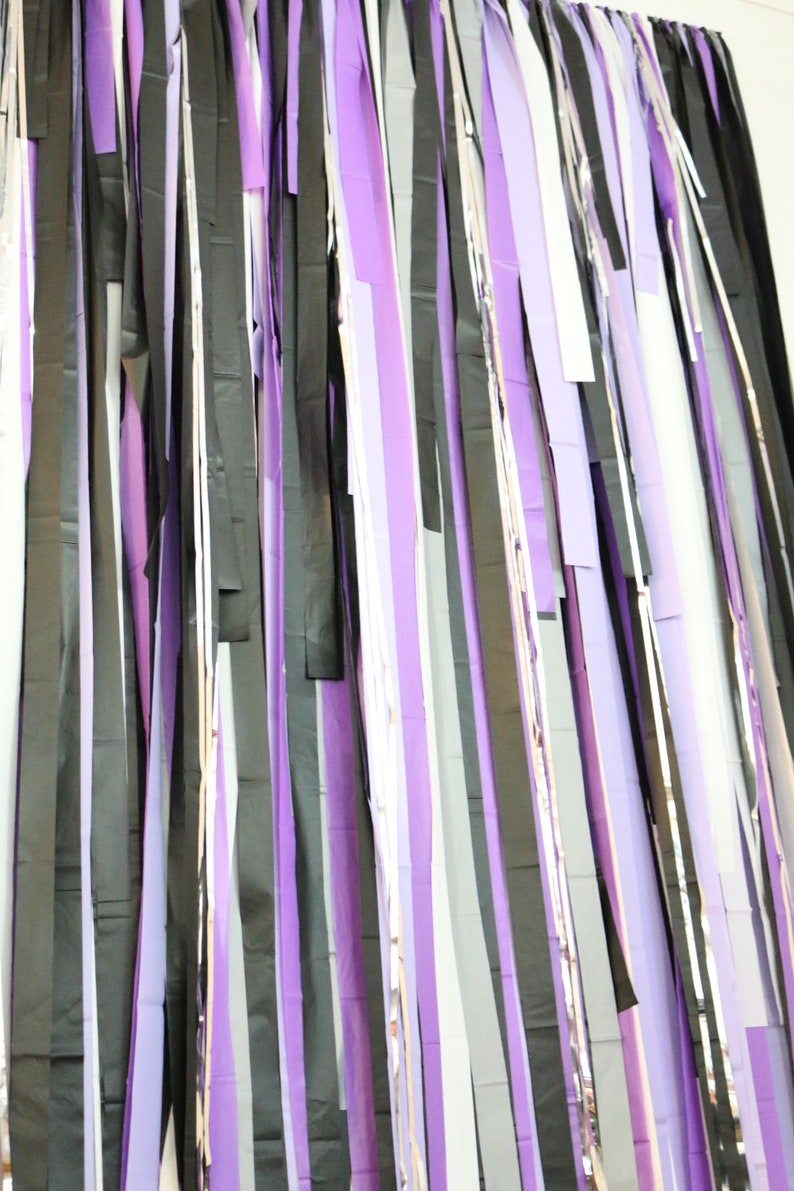 May include: A backdrop of purple, black, and silver streamers hanging vertically. The streamers are made of tissue paper and are arranged in a random pattern.