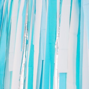 May include: A backdrop of blue and white streamers with silver accents. The streamers are hanging from a ceiling or wall and are arranged in a vertical pattern.