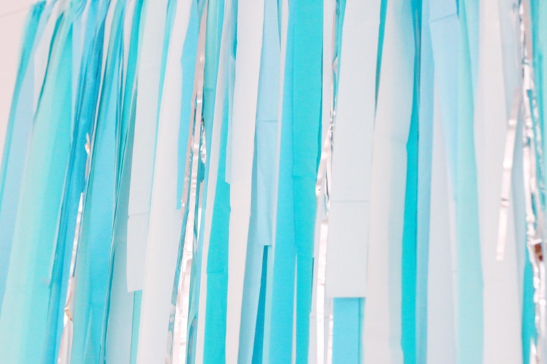 May include: A backdrop of blue and white streamers with silver accents. The streamers are hanging from a ceiling or wall and are arranged in a vertical pattern.