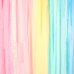 May include: A rainbow-colored streamer backdrop with vertical strips of pink, yellow, light blue, and purple.