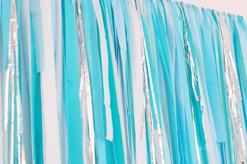 May include: A backdrop of blue and white streamers with silver accents. The streamers are hanging vertically and are made of a lightweight material.