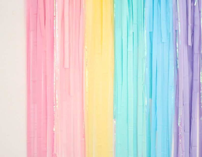 May include: A rainbow-colored streamer backdrop with pink, yellow, blue, and purple streamers. The streamers are made of tissue paper and have a shiny, iridescent finish.
