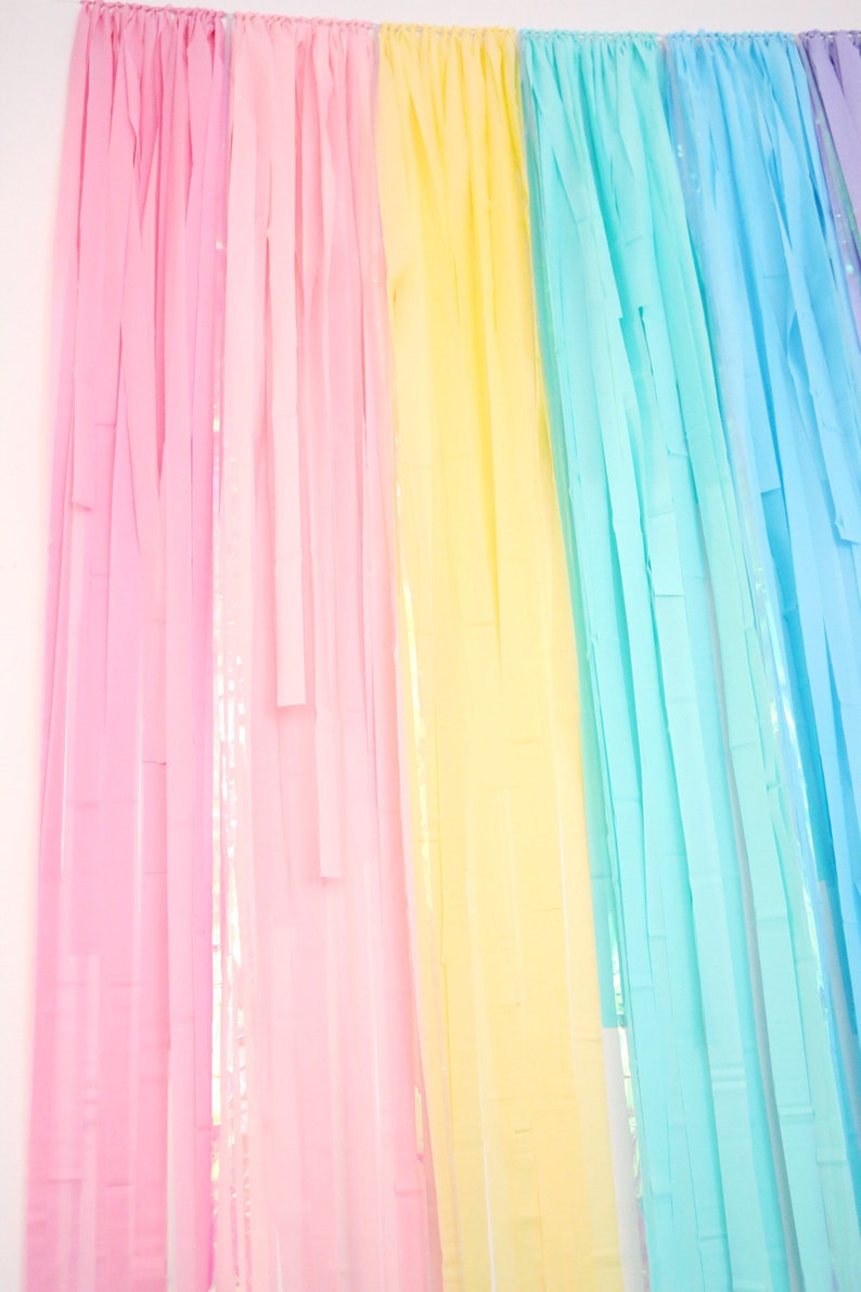 May include: A rainbow-colored streamer backdrop with pink, yellow, light blue, and purple strips of tissue paper.