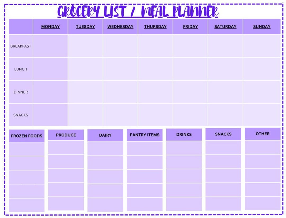 Grocery List and Meal Prep Template - Etsy