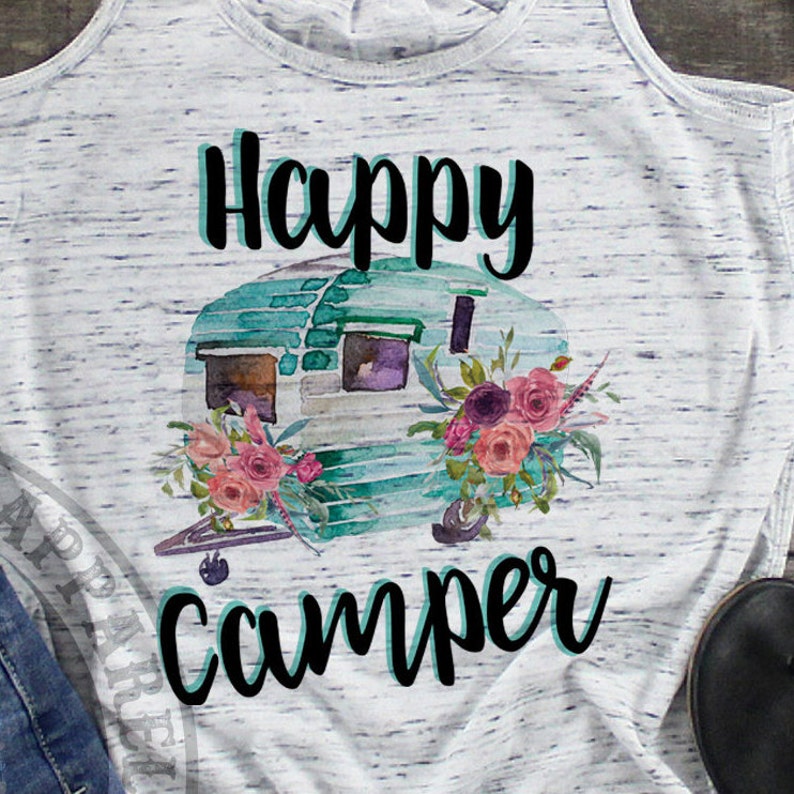Teal Dye Sublimation Tank Top Summer Turquoise blue Floral Happy Camper Cute Camping Watercolor Flowers Boho Racerback