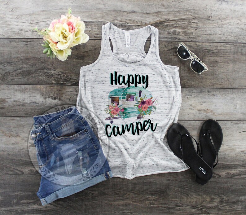 Teal Dye Sublimation Tank Top Summer Turquoise blue Floral Happy Camper Cute Camping Watercolor Flowers Boho Racerback