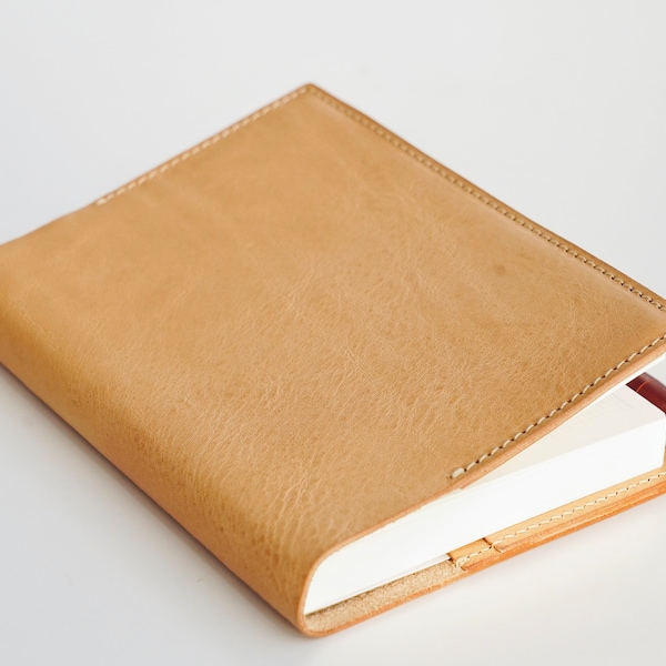 Hobonichi Lederhülle für A6/A5 Softcover-Notebooks, Midori, Druckknopfverschluss, Kartentaschen, Stifthalter, Minerva Box, Cognac