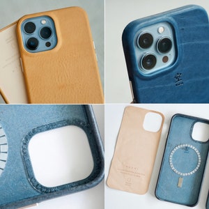 May include: Close-up shots of leather phone cases in various colors: tan, blue, and beige. The cases have a textured appearance and are designed to fit a smartphone. Some cases have text and a circular design on the back.
