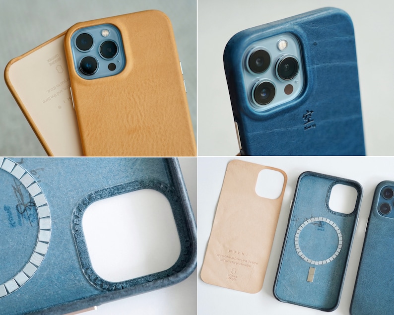 May include: Close-up shots of leather phone cases in various colors: tan, blue, and beige. The cases have a textured appearance and are designed to fit a smartphone. Some cases have text and a circular design on the back.