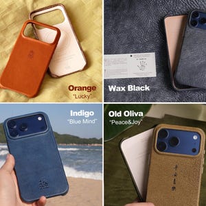 May include: Four leather phone cases in orange, wax black, indigo, and old oliva colors. Each case has a different color and texture. The text "Orange Lucky", "Wax Black", "Indigo Blue Mind", and "Old Oliva Peace&Joy" are visible.