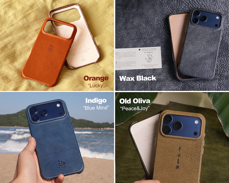 May include: Four leather phone cases in orange, wax black, indigo, and old oliva colors. Each case has a different color and texture. The text "Orange Lucky", "Wax Black", "Indigo Blue Mind", and "Old Oliva Peace&Joy" are visible.