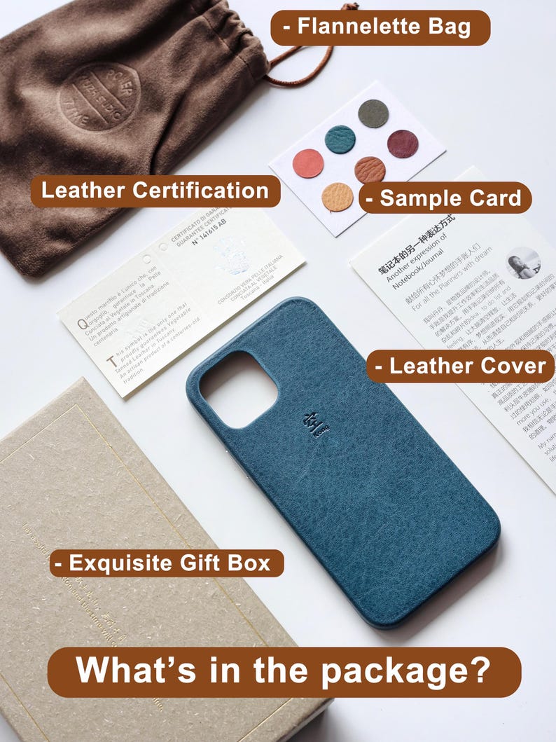 May include: An assortment of items, including a teal leather phone case, a brown flannel bag, sample cards, and a leather certification, are displayed. The phrase "What's in the package?" is printed on a brown label, suggesting a gift set.
