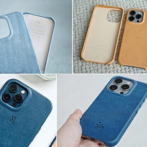 May include: A collection of leather phone cases in various colors. The cases are shown in blue and tan, with a textured finish. The interior of the cases is a lighter color. The cases have cutouts for the phone's camera and buttons.