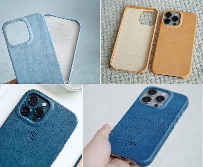 May include: A collection of leather phone cases in various colors. The cases are shown in blue and tan, with a textured finish. The interior of the cases is a lighter color. The cases have cutouts for the phone's camera and buttons.