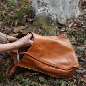 Leather tote bag with large outside pocket.Soft leather bag Work Bag