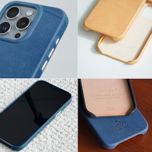 May include: Close-up shots of a blue leather phone case with a camera cutout and white buttons. The case is shown with a phone inside and also disassembled, revealing a tan interior. The phone screen is black.