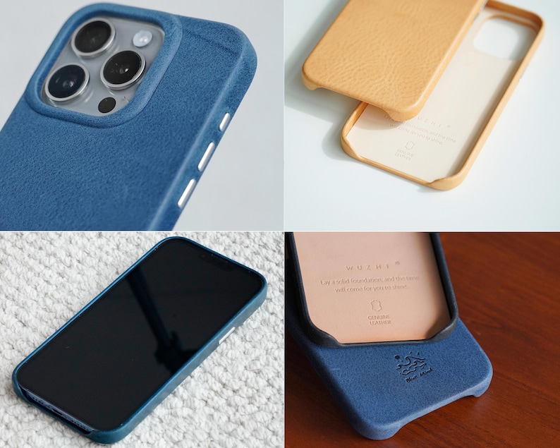 May include: Close-up shots of a blue leather phone case with a camera cutout and white buttons. The case is shown with a phone inside and also disassembled, revealing a tan interior. The phone screen is black.