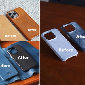 May include: A collection of phone cases in various colors and textures. The image shows cases in tan, brown, and blue, with the text "Before" and "After" indicating a comparison. The cases are likely made of leather or a similar material.