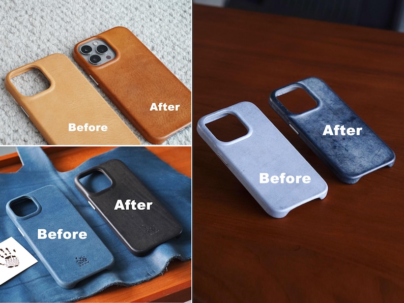 May include: A collection of phone cases in various colors and textures. The image shows cases in tan, brown, and blue, with the text "Before" and "After" indicating a comparison. The cases are likely made of leather or a similar material.