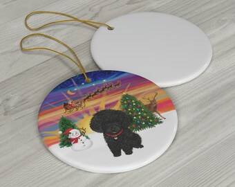 Black Toy Poodle in "Santa's Sunset Take Off" Keepsake SINGLE Sided Ceramic Ornament