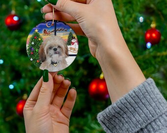 Shih Tzu (cream and brown) in "Christmas Window" Heirloom SINGLE Sided Ceramic Ornament