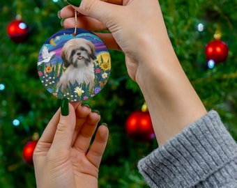 Twilight Garden with a Shih Tzu (cream-brown) Heirloom SINGLE Sided Ceramic Ornament