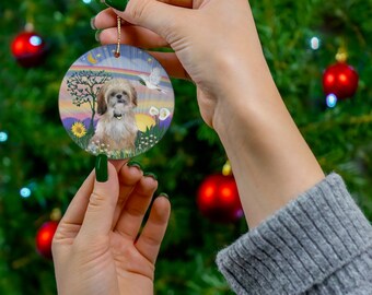 Shih Tzu (brown-cream) in "Rainbow Dove" Memorial Keepsake SINGLE Sided Ceramic Ornament