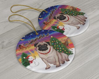 Pug in Santa's Sunset Take Off Heirloom Ceramic SINGLE Sided Ornament
