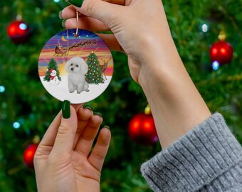 White Toy Poodle in "Santa's Sunset Take Off" Keepsake SINGLE Sided Ceramic Ornament