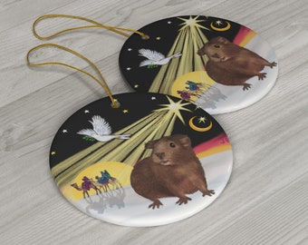 Guinea Pig (brown) in "Christmas Dove" Heirloom SINGLE Sided Ceramic Ornament