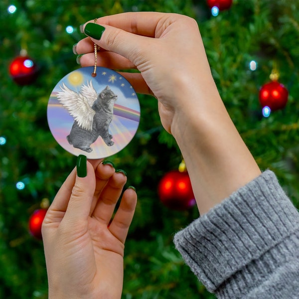 Manx  Cat (grey) Angel in Heaven's Clouds Rainbow Bridge SINGLE Sided Ceramic Ornament