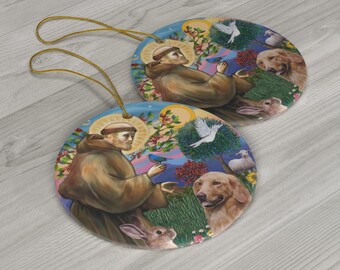 Saint Francis Blesses a Golden Retriever Heirloom SINGLE Sided Ceramic Ornament