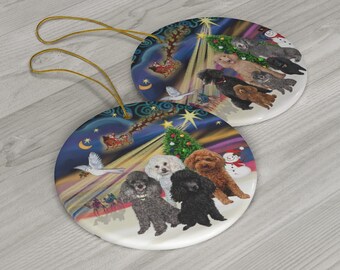 Four Toy Poodles in "Christmas Magic" Keepsake SINGLE Sided Ceramic Ornament