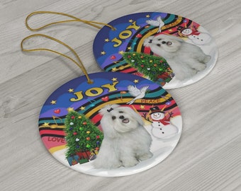 Maltese in "Christmas Joy 3" SINGLE Sided Heirloom Ceramic Ornament